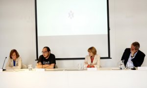 Anna Sallés, David Fernández, l'expresidenta del Parlament Carme Forcadell i l'exconseller Joaquim Forn en una roda de premsa de l’Acord Social per l’Amnistia i l’Autodeterminació.