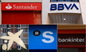 Los logos de los cinco grandes bancos españoles (Banco Santander, BBVA, Caixabank, Banco Sabadell, y Bankinter) en sus respectivas sucursales.