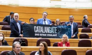 Los senadores de Junts per Catalunya (JxCat) con un cartel en el que se lee: 'Catalangate ens estan vigilant'. Imagen de Archivo.