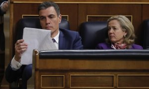 24/01/2023.- El presidente del Gobierno, Pedro Sánchez (i), junto a la vicepresidenta primera ministra de Economía, Nadia Calviño (d), durante la sesión plenaria de este martes en el Congreso de los Diputados en Madrid. EFE/ Juan Carlos Hidalgo