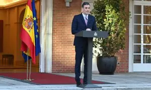 El presidente del Gobierno, Pedro Sánchez, durante la declaración institucional de este lunes.