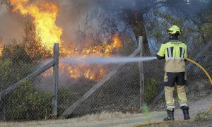 Un bombero intenta apagar el incendio forestal en el paraje natural de la Laguna de El Portil, en el término municipal de Punta Umbría (Huelva) el 26 de abril de 2023.