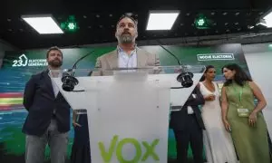 El presidente de Vox, Santiago Abascal, comparece ante los medios de comunicación en su sede de Madrid tras conocerse los resultados de las elecciones generales del 23 de julio.