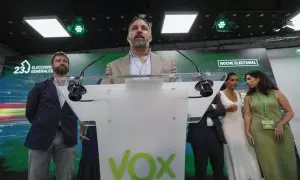 El presidente de Vox, Santiago Abascal, comparece ante los medios de comunicación en su sede de Madrid tras conocerse los resultados de las elecciones generales del 23 de julio.