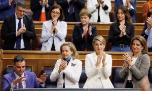 El presidente del Gobierno, Pedro Sánchez; la vicepresidenta primera y ministra de Asuntos Económicos y Transformación Digital, Nadia Calviño; la vicepresidenta segunda y ministra de Trabajo y Economía Social, Yolanda Díaz y la vicepresidenta tercera y mi