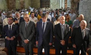 El expresident de la Generalitat Carles Puigdemont, junto al actual president, Pere Aragonés y los expresidentes Jordi Pujol, José Montilla y Quim Torra este lunes en Codalet (Francia).