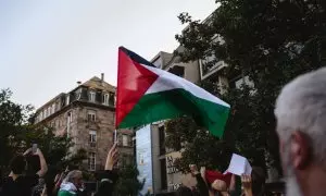 Una bandera de Palestina en una manifestación por su liberación, en Estrasburgo, Francia, a 13/10/2023.