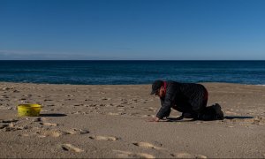 8/1/24 Un hombre recoge pellets el pasado domingo en una playa de A Coruña.