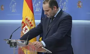 El exministro José Luis Ábalos, durante la rueda de prensa que ha ofrecido este martes en el Congreso.