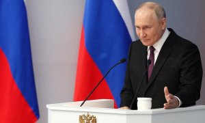 29/2/24 - El presidente ruso, Vladimir Putin, pronuncia su discurso anual ante la Asamblea Federal, en Moscú, Rusia, el 29 de febrero de 2024.