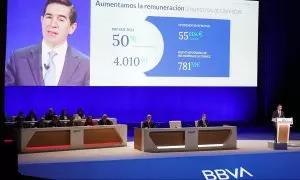 El presidente del BBVA, Carlos Torres, durante su intervención en la junta general ordinaria del banco, en Bilbao. E.P./H.Bilbao