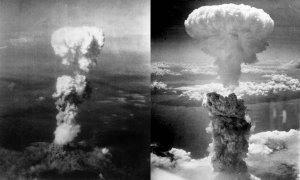 'Hongo' creado tras la explosión de la bomba nuclear de Hiroshima (izq) y el resultante tras el ataque a Nagasaki (der), el 6 y el 9 de agosto de 1945. WIKI