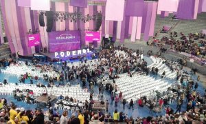 La pista del palacio de Vistalegre este domingo, durante la segunda Asamblea Ciudadana de Podemos