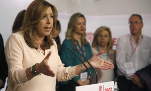 La presidenta de la Junta de Andalucía, Susana Díaz, comparece en Ferraz tras conocer los resultados de las primarias para la Secretaría General del PSOE. - EFE