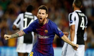 El delantero del FC Barcelona Leo Messi celebra un gol ante la Juventus. /EFE