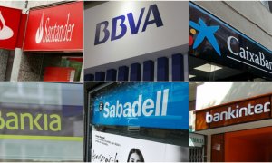 Logos de los seis grandes bancos (Banco Santander, BBVA, Caixabank, Bankia, Banco Sabadell y Bankinter) en sus sucursales. EFE/REUTERS/E.P.