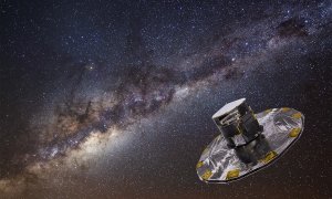 Ilustración de la sonda espacial Gaia sobre una imagen del cielo. ESA/ESO