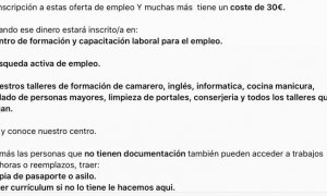 Anuncio que circula por Whatsapp en el que se piden 30 euros por optar a un puesto de trabajo.