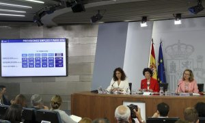 Las ministras de Hacienda María Jesús Montero (i), la ministra Portavoz Isabel Celaá, y de Economía Nadia Calviño (d), durante la rueda de prensa en la que se presentó el nuevo techo de gasto para 2019.(BALLESTEROS | EFE)