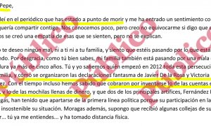 Encabezado de la carta que Josep Pujol Ferrusola le envió a la prisión de Estremera al excomisario José Manuel Villarejo, en mayo pasado.
