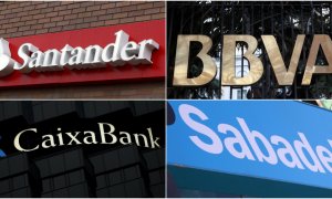 Los logos de los bancos Santander, BBVA, Caixabank y Sabadell. REUTERS/EFE