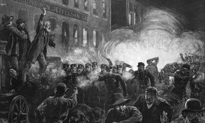 Ilustración sobre la bomba que estalló en Chicago, que condenó a la horca a los Mártires de Chicago.