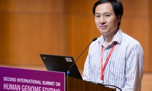 El científico chino He Jiankui habla en la Segunda Cumbre Internacional sobre la Edición del Genoma Humano en Hong Kong en noviembre de 2018  |  AFP