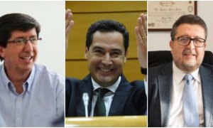 De izquierda a derecha: Juan Marín (Cs), Juanma Moreno Bonilla (PP) y Francisco Serrano (Vox).