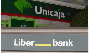 Los logos de Unicaja y Liberbank, en sendas sucursales. E.P.