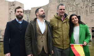 Iván Espinosa de los Monteros, Santiago Abascal, Javier Ortega Smith y Rocío Monasterio en la manifestación de Colón. /EFE