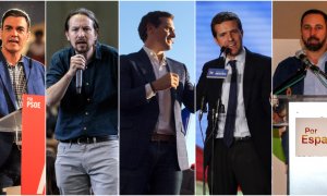 Los candidatos de PSOE, Pedro Sánchez; Unidas Podemos, Pablo Iglesias; Ciudadanos, Albert Rivera; PP, Pablo Casado; y Vox, Santiago Abascal. EFE