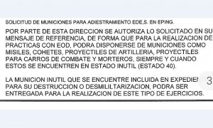 Extracto del mensaje del DIRSAR en el que se da permiso explícito para el uso de munición "inútil" en las prácticas de desactivación de explosivos del Ejército de Tierra. | PÚBLICO