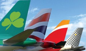 Los colores de las líneas aéreas de holding IAG: Air Lingus, Britis Airways. Iberia y Vueling. E.P.