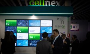 Estand de Cellnex en el recinto ferial del Mobile World Congress de Barcelona (MWC 2019). E.P./David Zorrakino