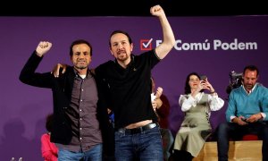 El candidat d'Unidas Podemos a la Moncloa, Pablo Iglesias, participa aquest dimecres del mitin central de campanya dels comuns a Barcelona, al costat de l'alcaldessa de la ciutat, Ada Colau, i amb el cap de llista d'En Comú Podem al Congrés, Jaume Asens.