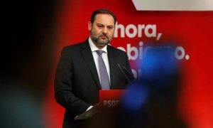 El Secretario de Organización del PSOE y ministro de Fomento en funciones José Luis Ábalos, durante la rueda de prensa esta mañana en la sede de Ferraz en Madrid. /EFE