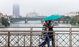 17/11/2019.- Dos personas atraviesan el puente de San Telmo en un día de lluvia en Sevilla. / EFE - JULIO MUÑOZ