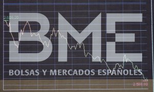 Panel de Bolsas y Mercados Españoles (BME) en un gráfico del interior del Palacio de la Bolsa de Madrid, edificio de 1893 E.P./Eduardo Parra