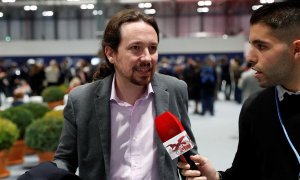 El líder de Unidas Podemos, Pablo Iglesias, en declaraciones a los medios al inicio de la COP25 que se inicia este lunes en Ifema en Madrid. EFE