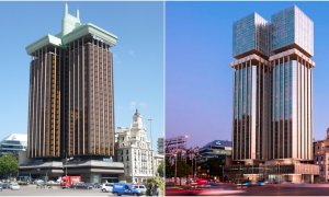 El edificio de las Torres de Colón, en Madrid, en su aspecto actual (a la izquierda), con su característico 'enchufe' en lo alto, y en una simulación tras la rehabilitación que ha puesto en marcha su propietaria, la aseguradora Mutua Madrileña.