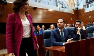 La presidenta de la Comunidad de Madrid, Isabel Díaz Ayuso,y su vicepresidente, Ignacio Aguado, en la Asamblea de Madrid, durante la sesión de investidura sin candidato. EFE/Mariscal