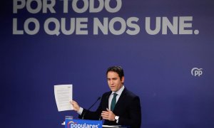 El secretario general del Partido Popular (PP), Teodoro García Egea, en rueda de prensa en la sede del partido tras la reunión del Comité de Dirección, este lunes, en Madrid. EFE/Emilio Naranjo