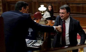 El portavoz del PNV, Aitor Esteban, durante su intervención ante el pleno del Congreso de los Diputados en la primera jornada de la sesión de investidura de Pedro Sánchez como presidente del Gobierno. EFE/Juan Carlos Hidalgo