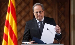 El presidente de la Generalitat, Quim Torra, durante la declaración institucional que ha ofrecido este miércoles en el Palau de la Generalitat | EFE