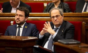 Pere Aragonès i Quim Torra durant la sessió de control al Parlament. EUROPA PRESS