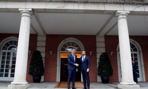 El presidente del Gobierno, Pedro Sánchez, recibe al líder del Partido Popular (PP), Pablo Casado, en el Palacio de la Moncloa. EFE/ Juan Carlos Hidalgo