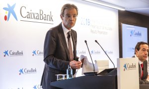 El presidente de Caixabank, Jordi Gual, durante su intervención en la presentación de los resultados del ejercicio 2019. E.P./Rober Solsona