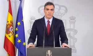 Captura de vídeo del presidente del Gobierno, Pedro Sánchez, en una declaración institucional en el Palacio de la Moncloa. EFE/EFE-TV