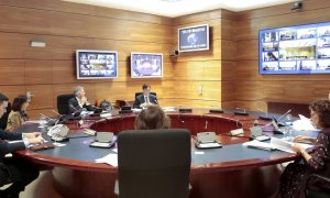 Imagen de la reunión del Consejo de Ministros, por teleconferencia, en el que se han aprobado el plan de medidas económicas y laborales por la crisis del coronavirus. REUTERS