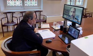 El president de la Generalitat, Quim Torra, durant la primera reunió telemàtica informativa sobre el coronavirus amb el Consell Executiu i els presidents dels grups parlamentaris